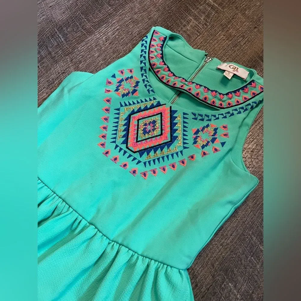 GB Girls Size 8 Dress Turquoise Boho Embroidered Colorful Boutique